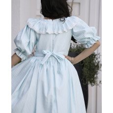 فستان بناتي مقلم بياقة كشكشة انسيابية | ألوان (سماوي، لحمي) - 1143