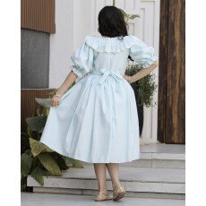 فستان بناتي مقلم بياقة كشكشة انسيابية | ألوان (سماوي، لحمي) - 1143