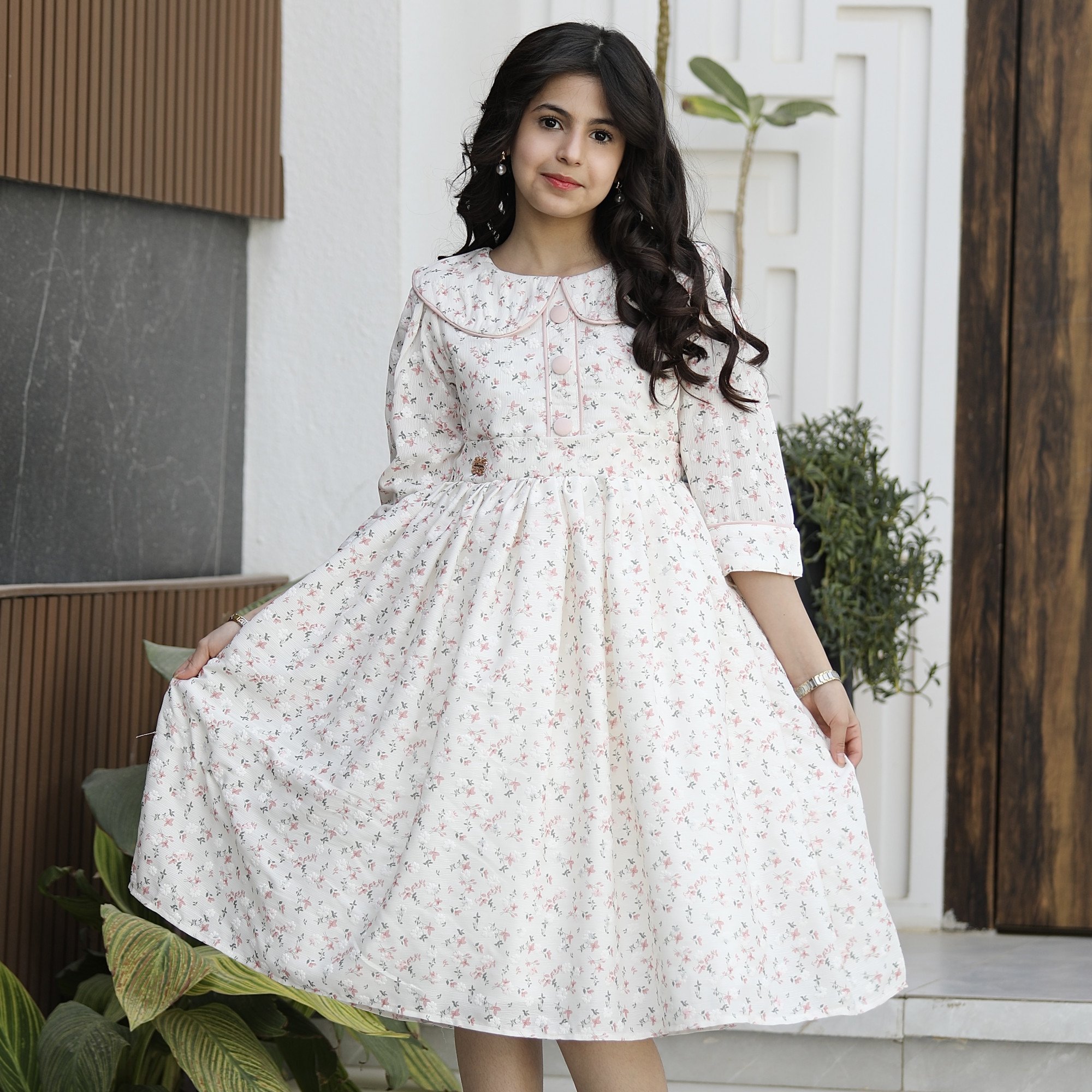 فستان بناتي مشجر بياقة كلاسيكية وخصر محدد | تصميم زهور الربيع - 1135