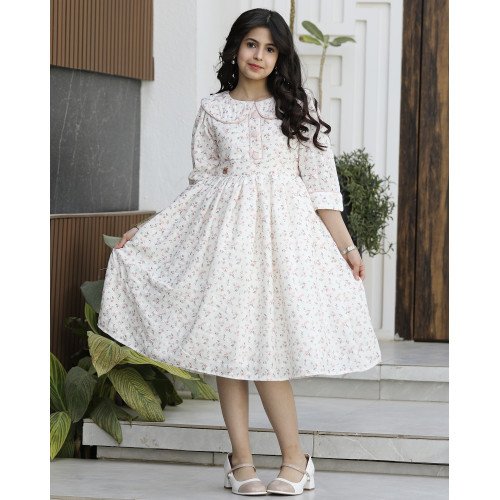 فستان بناتي مشجر بياقة كلاسيكية وخصر محدد | تصميم زهور الربيع - 1135