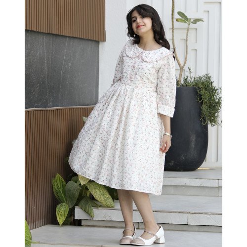 فستان بناتي مشجر بياقة كلاسيكية وخصر محدد | تصميم زهور الربيع - 1135