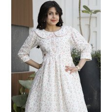 فستان بناتي مشجر بياقة كلاسيكية وخصر محدد | تصميم زهور الربيع - 1135