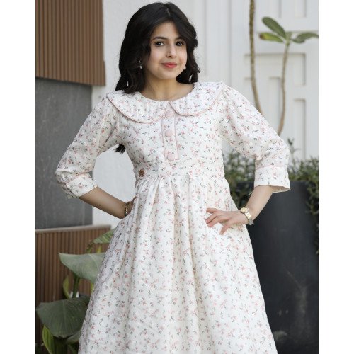 فستان بناتي مشجر بياقة كلاسيكية وخصر محدد | تصميم زهور الربيع - 1135