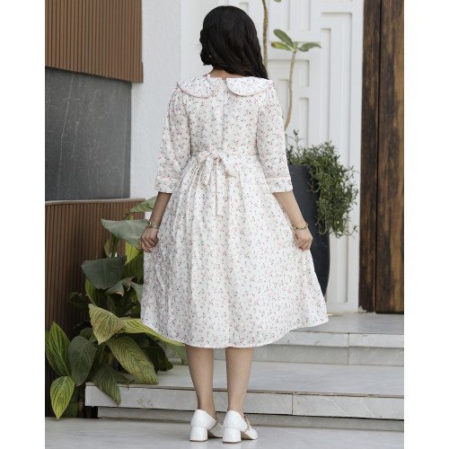 فستان بناتي مشجر بياقة كلاسيكية وخصر محدد | تصميم زهور الربيع - 1135