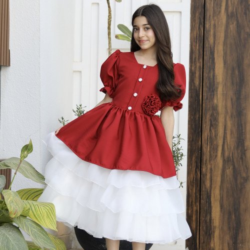 فستان بناتي أحمر بوردة خصر وطبقات تل منفوشة | ألوان (أحمر، عودي، ليموني) - 1171