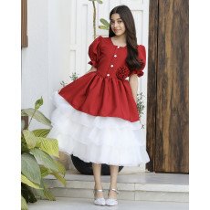 فستان بناتي أحمر بوردة خصر وطبقات تل منفوشة | ألوان (أحمر، عودي، ليموني) - 1171