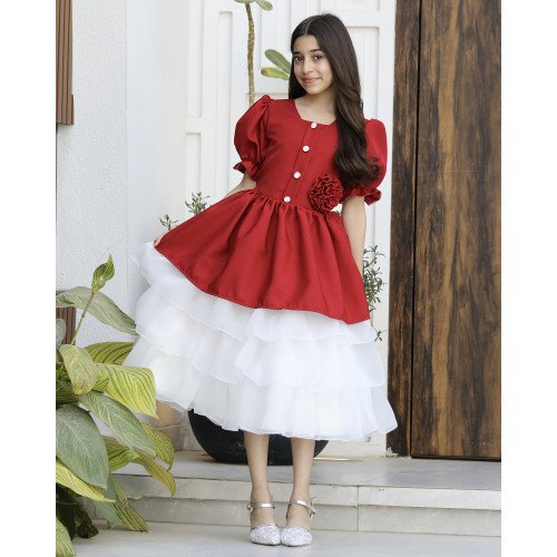 فستان بناتي أحمر بوردة خصر وطبقات تل منفوشة | ألوان (أحمر، عودي، ليموني) - 1171