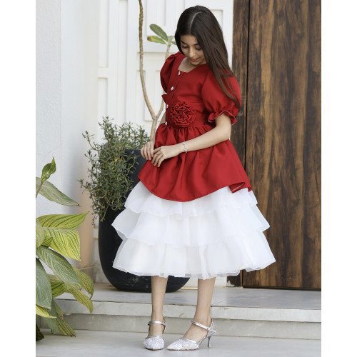 فستان بناتي أحمر بوردة خصر وطبقات تل منفوشة | ألوان (أحمر، عودي، ليموني) - 1171