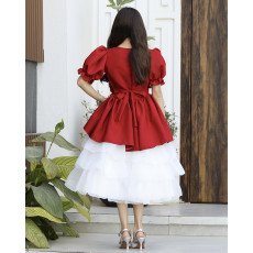 فستان بناتي أحمر بوردة خصر وطبقات تل منفوشة | ألوان (أحمر، عودي، ليموني) - 1171