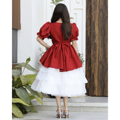 فستان بناتي أحمر بوردة خصر وطبقات تل منفوشة | ألوان (أحمر، عودي، ليموني) - 1171