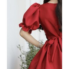 فستان بناتي أحمر بوردة خصر وطبقات تل منفوشة | ألوان (أحمر، عودي، ليموني) - 1171