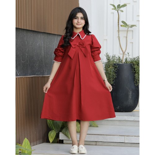 فستان بناتي أحمر بياقة لؤلؤ وفيونكة | قصة كلوش بكسرة أمامية (احمر, عودي, ليموني) - 1170