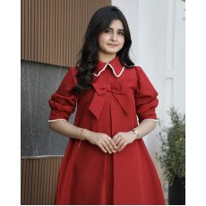 فستان بناتي أحمر بياقة لؤلؤ وفيونكة | قصة كلوش بكسرة أمامية (احمر, عودي, ليموني) - 1170