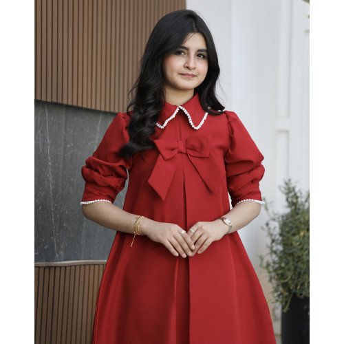 فستان بناتي أحمر بياقة لؤلؤ وفيونكة | قصة كلوش بكسرة أمامية (احمر, عودي, ليموني) - 1170