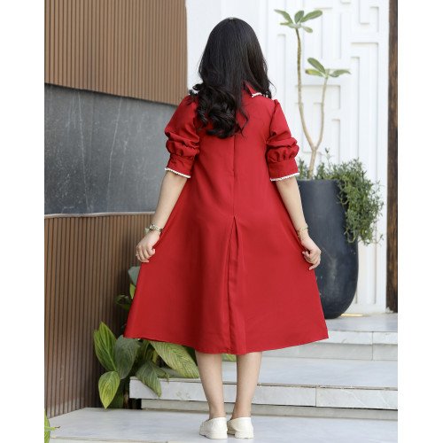 فستان بناتي أحمر بياقة لؤلؤ وفيونكة | قصة كلوش بكسرة أمامية (احمر, عودي, ليموني) - 1170