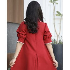 فستان بناتي أحمر بياقة لؤلؤ وفيونكة | قصة كلوش بكسرة أمامية (احمر, عودي, ليموني) - 1170