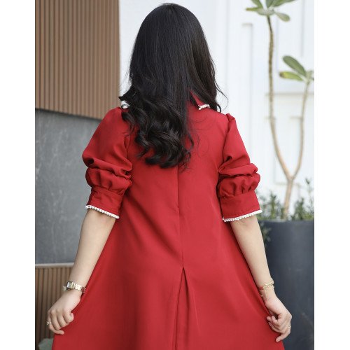 فستان بناتي أحمر بياقة لؤلؤ وفيونكة | قصة كلوش بكسرة أمامية (احمر, عودي, ليموني) - 1170