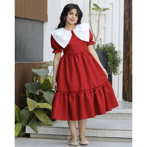 فستان بناتي أحمر بياقة فيونكة ضخمة وكشكشة سفلية | ألوان (أحمر، عودي، ليموني) - 1172 فستان بناتي أحمر بياقة فيونكة ضخمة وكشكشة سفلية | ألوان (أحمر، عودي، ليموني) - 1172