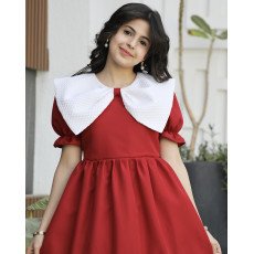 فستان بناتي أحمر بياقة فيونكة ضخمة وكشكشة سفلية | ألوان (أحمر، عودي، ليموني) - 1172 فستان بناتي أحمر بياقة فيونكة ضخمة وكشكشة سفلية | ألوان (أحمر، عودي، ليموني) - 1172