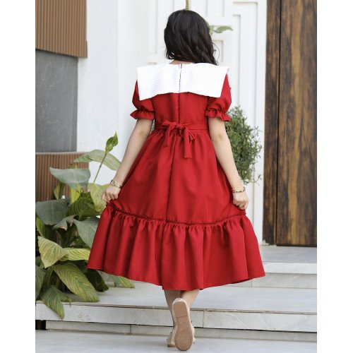 فستان بناتي أحمر بياقة فيونكة ضخمة وكشكشة سفلية | ألوان (أحمر، عودي، ليموني) - 1172 فستان بناتي أحمر بياقة فيونكة ضخمة وكشكشة سفلية | ألوان (أحمر، عودي، ليموني) - 1172