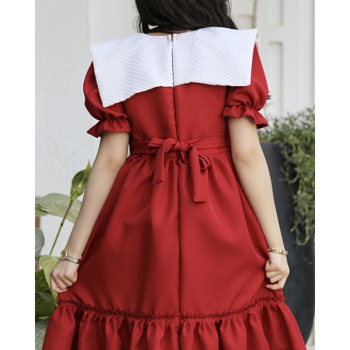 فستان بناتي أحمر بياقة فيونكة ضخمة وكشكشة سفلية | ألوان (أحمر، عودي، ليموني) - 1172 فستان بناتي أحمر بياقة فيونكة ضخمة وكشكشة سفلية | ألوان (أحمر، عودي، ليموني) - 1172