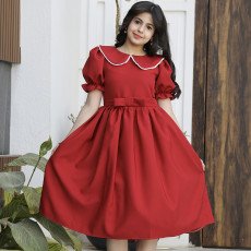 فستان بناتي أحمر بياقة لؤلؤ وفيونكة خصر | ألوان (أحمر، عودي، ليموني) - 1177