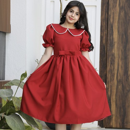 فستان بناتي أحمر بياقة لؤلؤ وفيونكة خصر | ألوان (أحمر، عودي، ليموني) - 1177