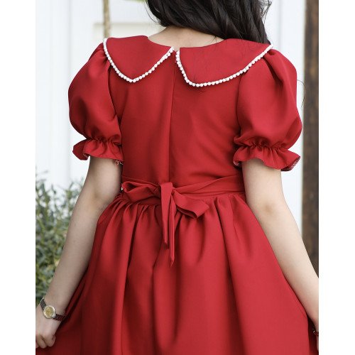 فستان بناتي أحمر بياقة لؤلؤ وفيونكة خصر | ألوان (أحمر، عودي، ليموني) - 1177