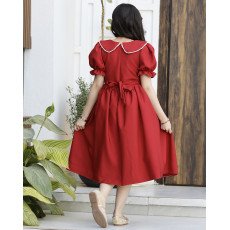 فستان بناتي أحمر بياقة لؤلؤ وفيونكة خصر | ألوان (أحمر، عودي، ليموني) - 1177