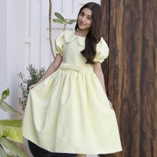 فستان بناتي ليموني بياقة لؤلؤ وفيونكة خصر | ألوان (أحمر، عودي، ليموني) - 1177