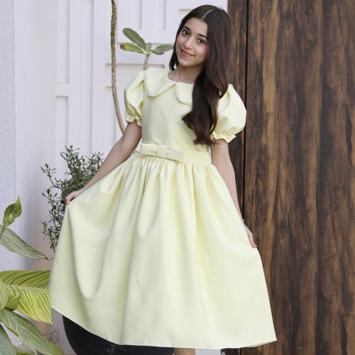 فستان بناتي ليموني بياقة لؤلؤ وفيونكة خصر | ألوان (أحمر، عودي، ليموني) - 1177