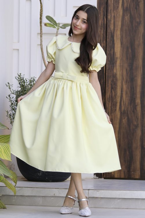 فستان بناتي ليموني بياقة لؤلؤ وفيونكة خصر | ألوان (أحمر، عودي، ليموني) - 1177 فستان بناتي ليموني بياقة لؤلؤ وفيونكة خصر | ألوان (أحمر، عودي، ليموني) - 1177