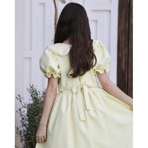 فستان بناتي ليموني بياقة لؤلؤ وفيونكة خصر | ألوان (أحمر، عودي، ليموني) - 1177