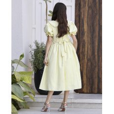 فستان بناتي ليموني بياقة لؤلؤ وفيونكة خصر | ألوان (أحمر، عودي، ليموني) - 1177