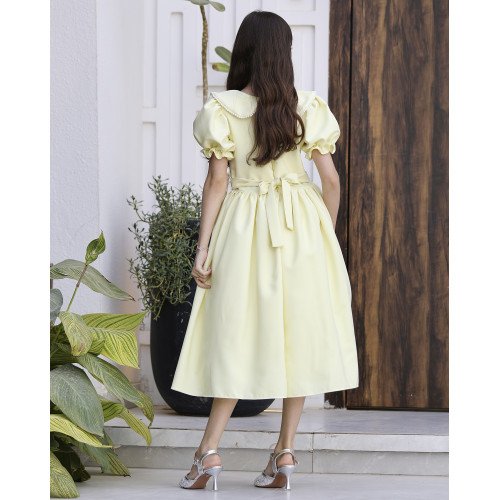 فستان بناتي ليموني بياقة لؤلؤ وفيونكة خصر | ألوان (أحمر، عودي، ليموني) - 1177