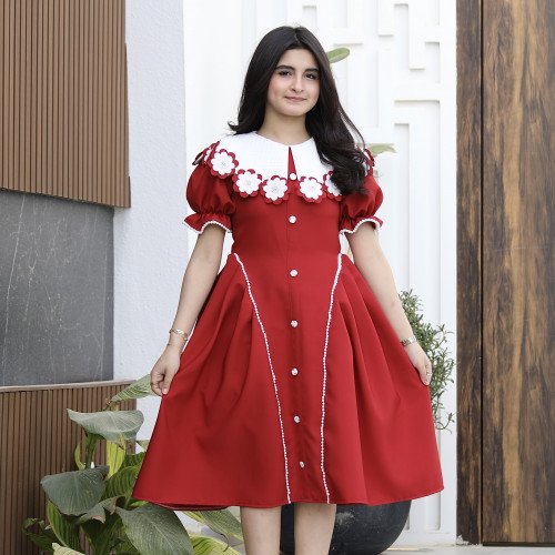 فستان بناتي أحمر مرصع بالفصوص وأزرار أمامية | ألوان (أحمر، عودي) - 1176