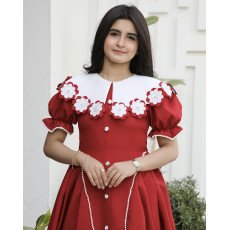 فستان بناتي أحمر مرصع بالفصوص وأزرار أمامية | ألوان (أحمر، عودي) - 1176