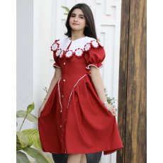 فستان بناتي أحمر مرصع بالفصوص وأزرار أمامية | ألوان (أحمر، عودي) - 1176