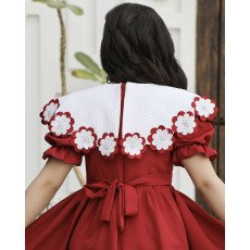 فستان بناتي أحمر مرصع بياقة "دلعة" وخصر طبقات | ألوان (أحمر، عودي) - 1166 فستان بناتي أحمر مرصع بياقة "دلعة" وخصر طبقات | ألوان (أحمر، عودي) - 1166