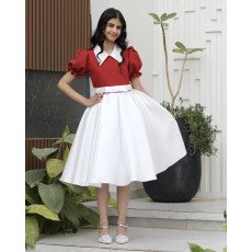 فستان بناتي أحمر بتنورة بيضاء مدمجة | تصميم ياقة "دلعة" مرصعة - 1162 فستان بناتي أحمر بتنورة بيضاء مدمجة | تصميم ياقة "دلعة" مرصعة - 1162