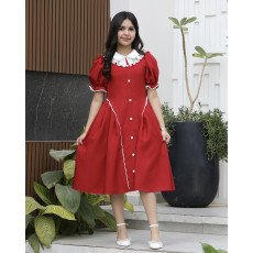 فستان بناتي الأحمر مرصع بالفصوص وأزرار أمامية فاخرة - 1161