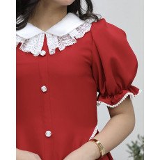 فستان بناتي الأحمر مرصع بالفصوص وأزرار أمامية فاخرة - 1161