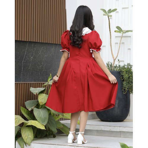 فستان بناتي الأحمر مرصع بالفصوص وأزرار أمامية فاخرة - 1161