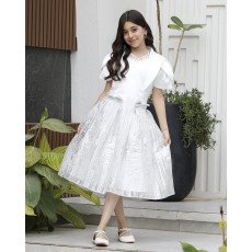 طقم بناتي تيور لمعة رصاصي بفيونكة وأكمام مبتكرة واكسسوار رقبة - M3793 طقم بناتي تيور لمعة رصاصي بفيونكة وأكمام مبتكرة واكسسوار رقبة - M3793