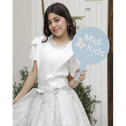 طقم بناتي تيور لمعة رصاصي بفيونكة وأكمام مبتكرة واكسسوار رقبة - M3793 طقم بناتي تيور لمعة رصاصي بفيونكة وأكمام مبتكرة واكسسوار رقبة - M3793