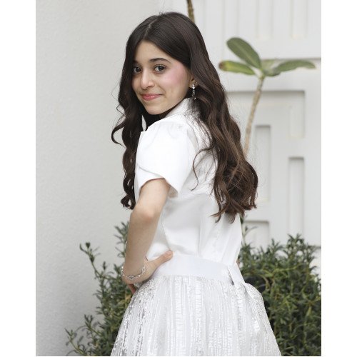 طقم بناتي تيور لمعة رصاصي بفيونكة وأكمام مبتكرة واكسسوار رقبة - M3793 طقم بناتي تيور لمعة رصاصي بفيونكة وأكمام مبتكرة واكسسوار رقبة - M3793