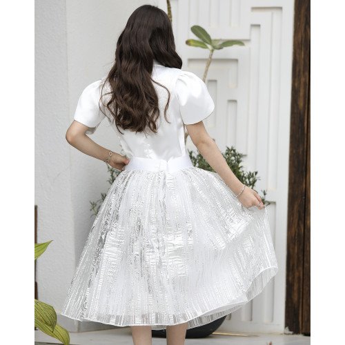 طقم بناتي تيور لمعة رصاصي بفيونكة وأكمام مبتكرة واكسسوار رقبة - M3793 طقم بناتي تيور لمعة رصاصي بفيونكة وأكمام مبتكرة واكسسوار رقبة - M3793