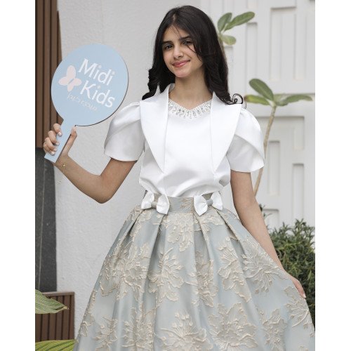 طقم بناتي تيور جاكار بفيونكات وأكمام مبتكرة واكسسوار رقبة - M3794 طقم بناتي تيور جاكار بفيونكات وأكمام مبتكرة واكسسوار رقبة - M3794