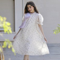 فستان بناتي مشجر موف بفيونكة كتف وإكسسوار رقبة فاخر - M3814