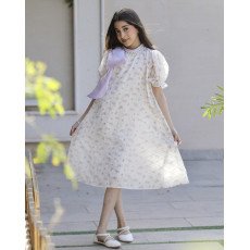 فستان بناتي مشجر موف بفيونكة كتف وإكسسوار رقبة فاخر - M3814